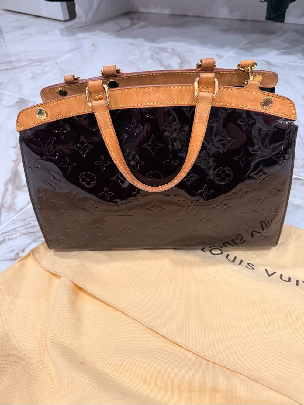 Louis Vuitton Dark Brown Vernis Patent Satchel with Natural Leather Trim